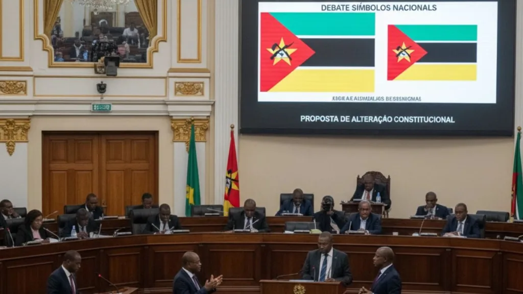 Vista do interior da Assembleia da República de Moçambique, mostrando deputados em debate e um grande ecrã ao fundo com a bandeira nacional e o texto "Debate Símbolos Nacionais