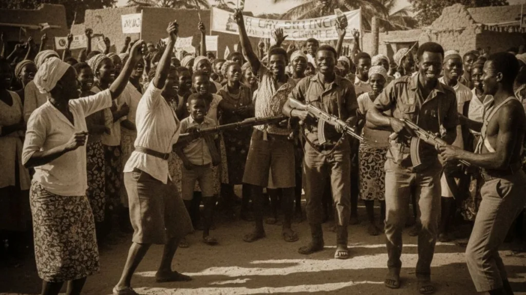 Fotografia com efeito antigo em tons de sépia mostrando uma multidão de moçambicanos a celebrar a independência, com homens a segurar fuzis e pessoas a sorrir, capturando o momento histórico da fundação da nação.
