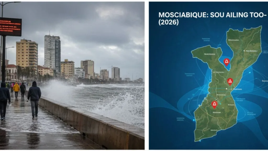 Fotografia realista da Avenida Marginal em Maputo durante uma tempestade, mostrando ondas grandes atingindo o muro de contenção e pessoas caminhando sob céu nublado.
