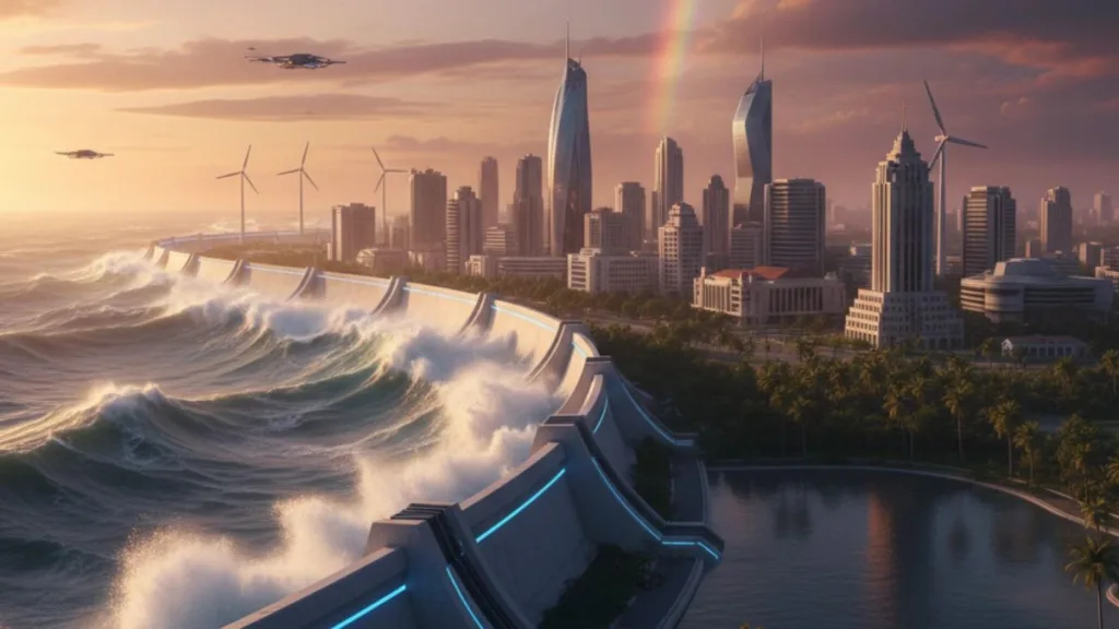 Representação artística de infraestrutura de proteção costeira na Beira, Moçambique, contra a subida do nível do mar.