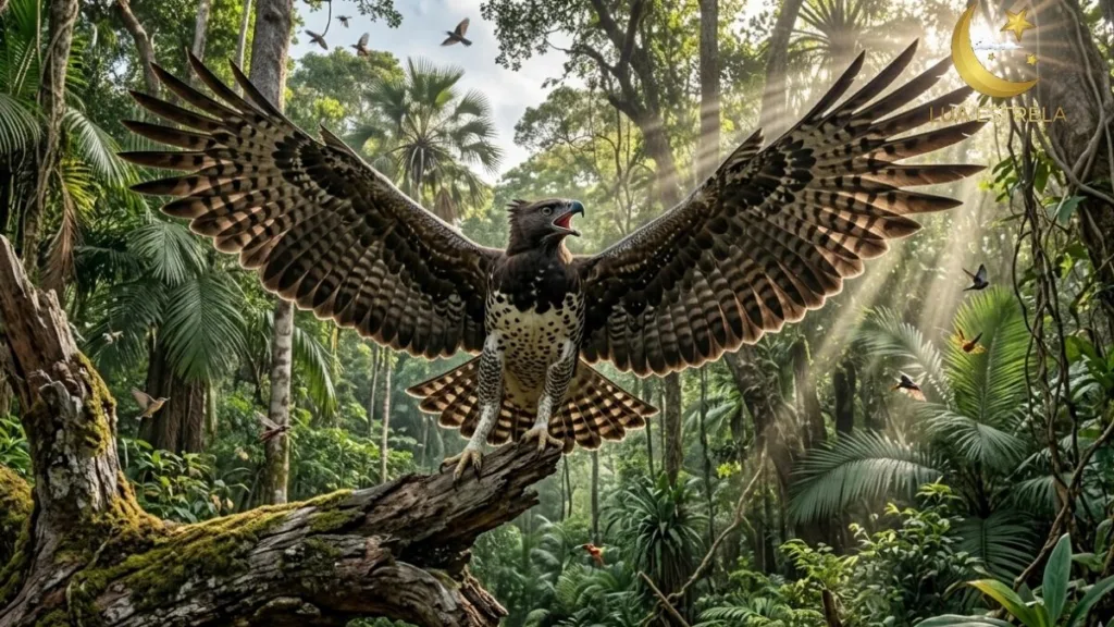 Águia-Marcial com asas abertas pousada num tronco seco na floresta tropical de Moçambique, luz solar filtrada entre as árvores.