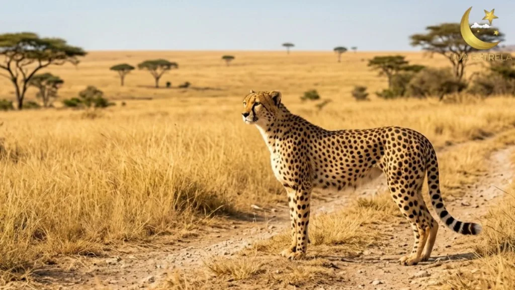 Chita em pé sobre um terreno elevado observando a savana aberta com acácias sob o céu limpo.