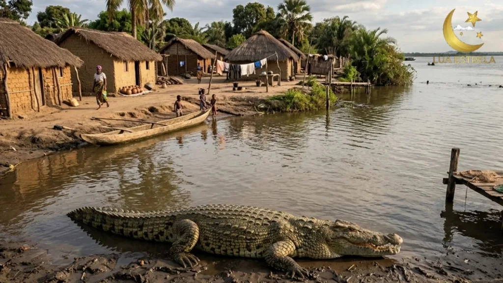 Crocodilo-do-Nilo camuflado na margem lamacenta de um rio em Moçambique, com uma aldeia tradicional e barcos ao fundo.