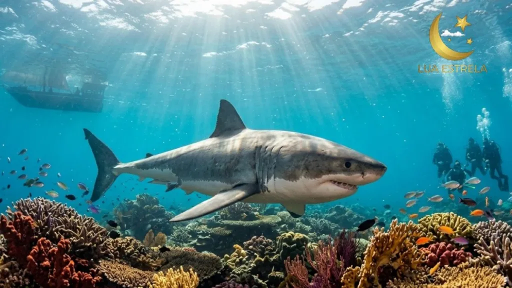 Grande Tubarão-Branco nadando sobre recifes de coral coloridos na Ponta do Ouro, com mergulhadores e barco ao fundo.