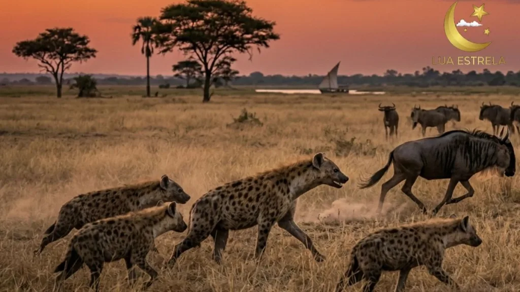 Grupo de hienas-malhadas correndo pela savana dourada ao entardecer, com gnus e um dhow no horizonte.