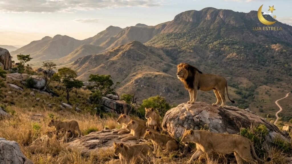Leão macho imponente com juba farta em pé sobre um cupinzeiro rasteiro dourado observando a savana de Moçambique com acácias ao nascer do sol.