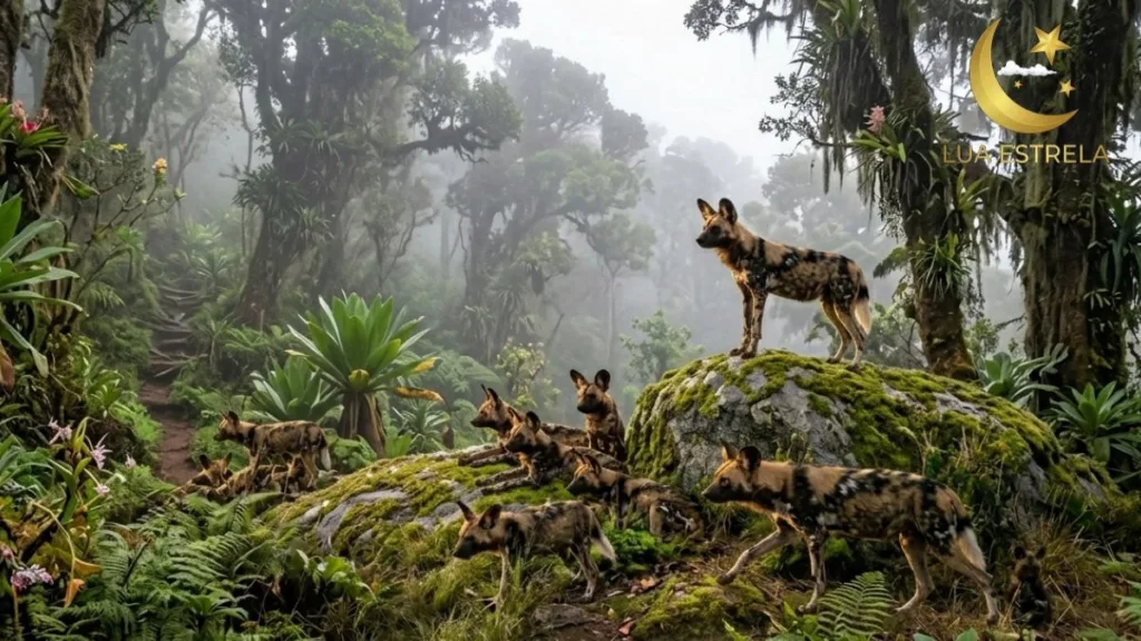 Matilha de mabecos em alerta numa paisagem verdejante e montanhosa de Moçambique sob luz suave.
