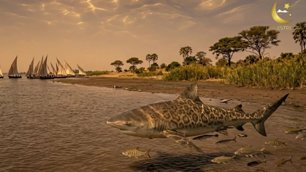 Tubarão-Touro nadando em águas rasas e turvas perto da costa, com barcos de pesca tradicionais ao fundo.